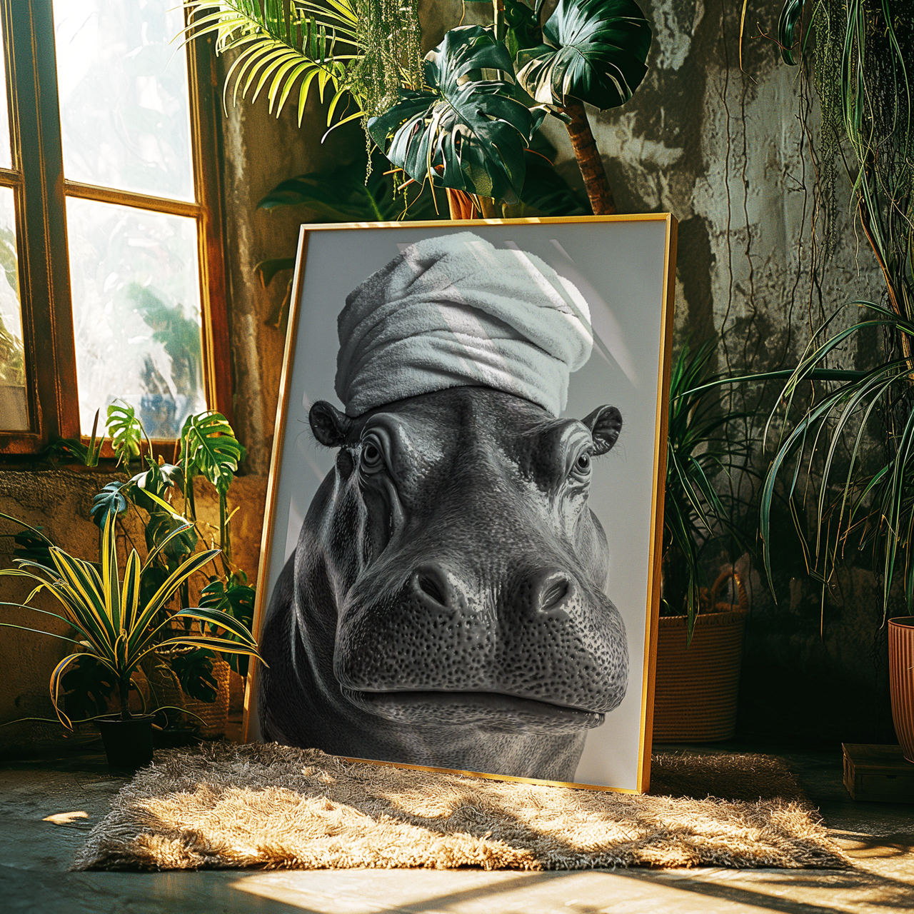 Monochromatic Hippo Bathroom Poster