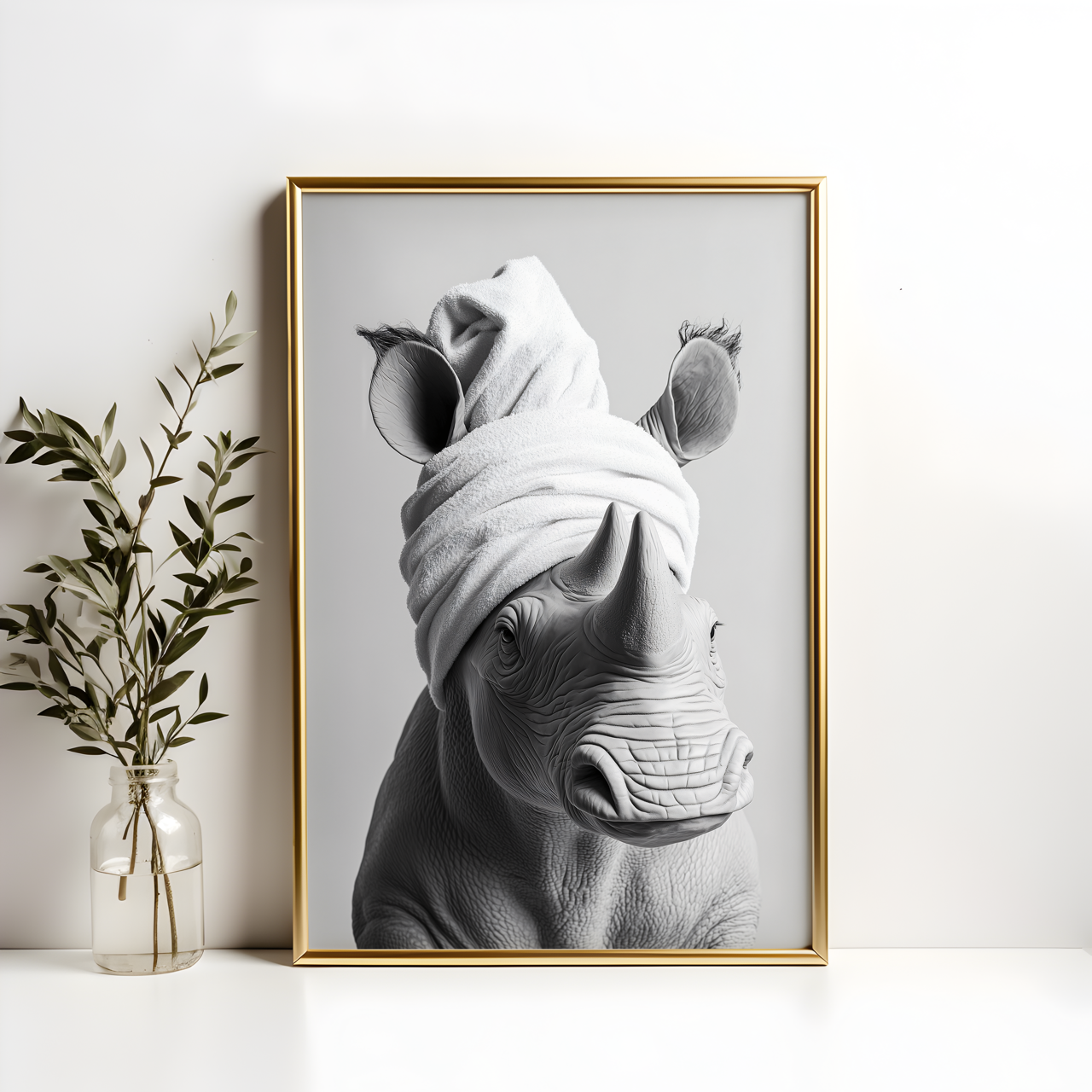Monochromatic Rhino Bathroom Poster