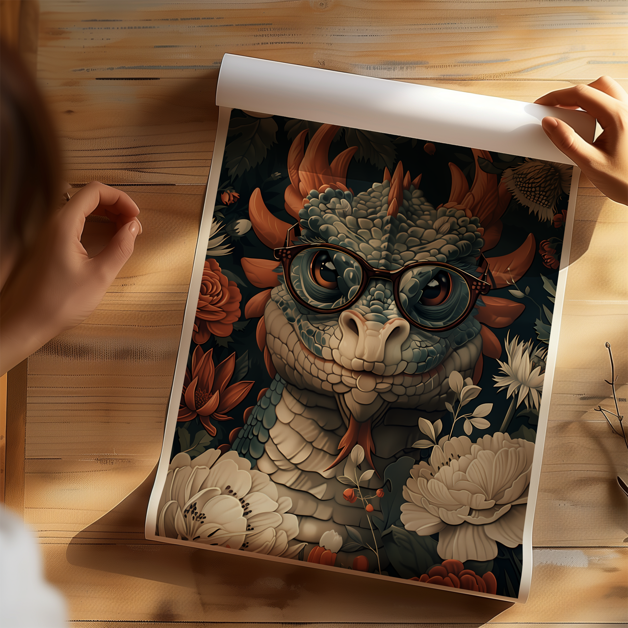 William Morris Style Nerd Dragon Drawing Poster