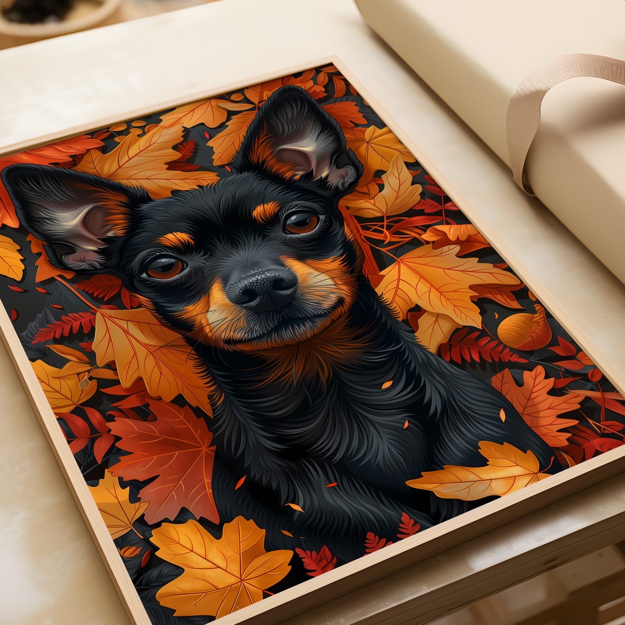 Mini Doberman Pinscher Autumn Leaves Poster