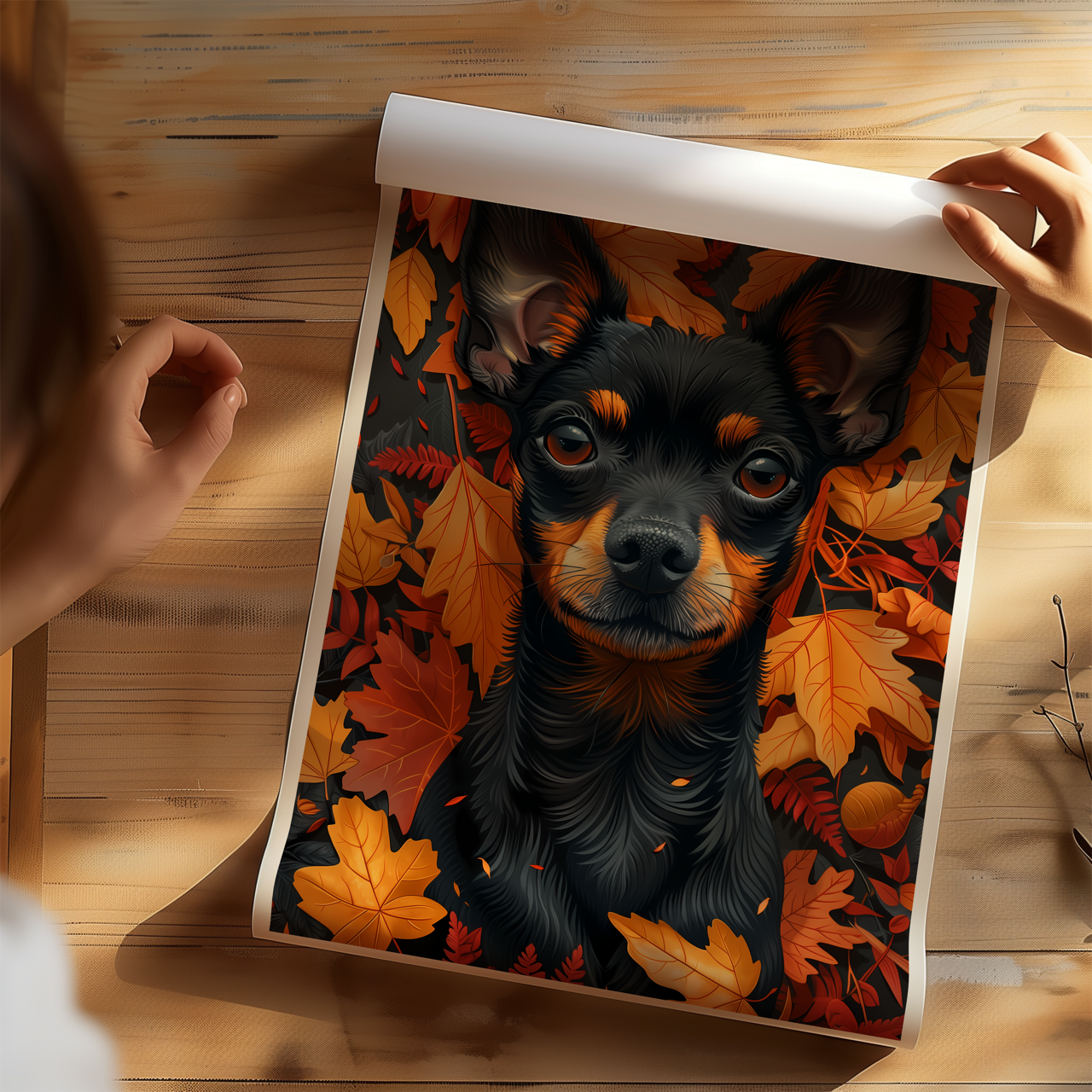 Mini Doberman Pinscher Autumn Leaves Poster