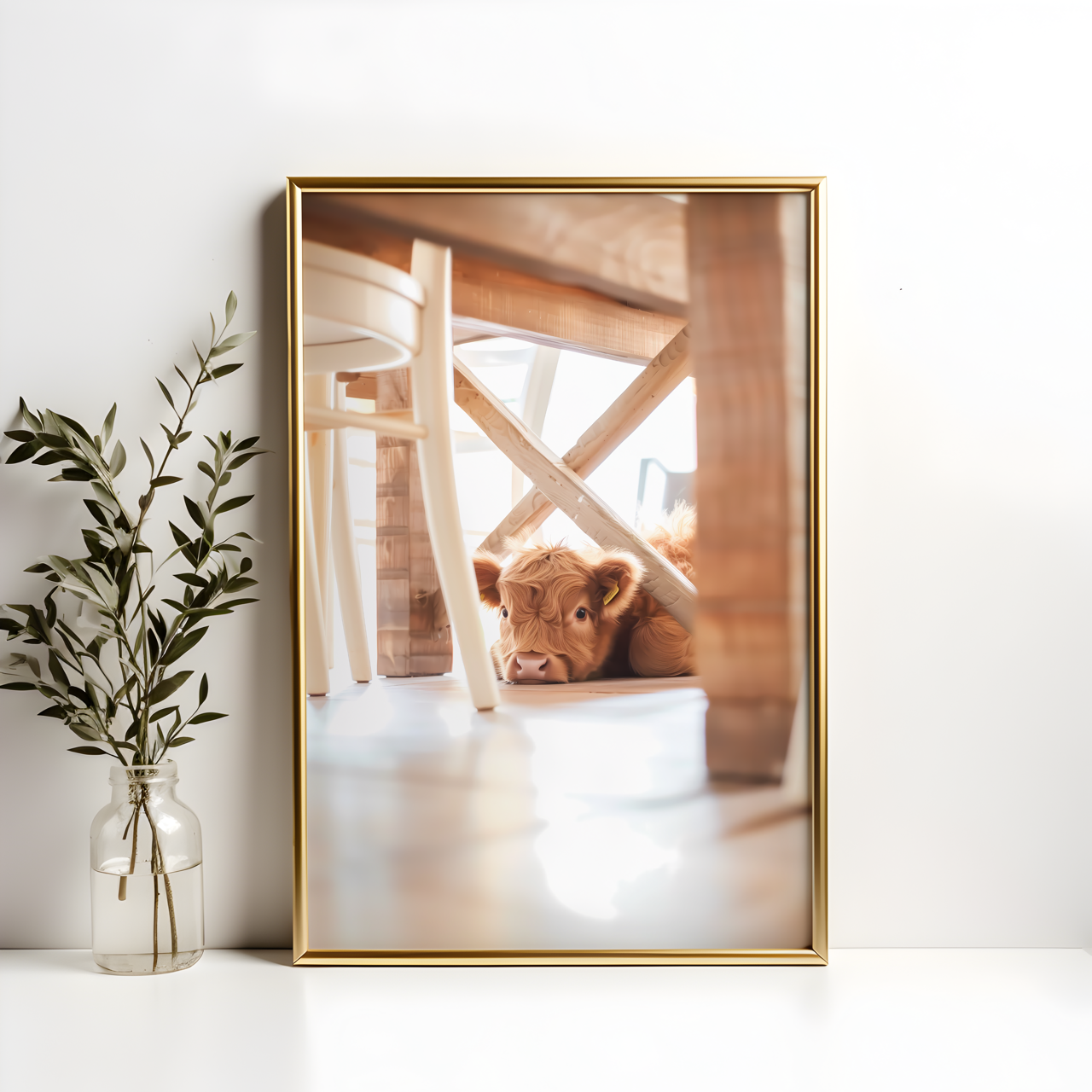 Baby Highland Calf Under the Table Poster