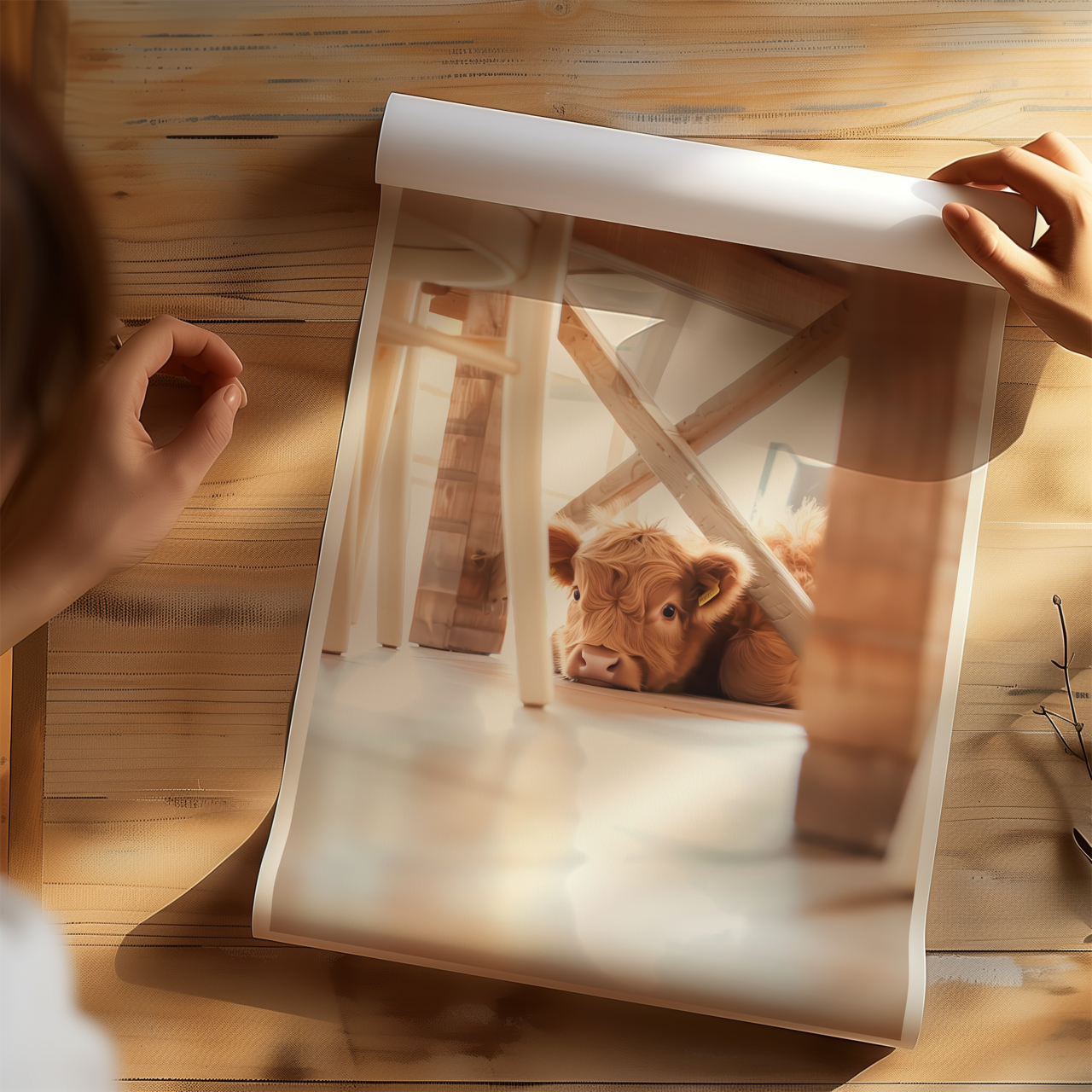 Baby Highland Calf Under the Table Poster