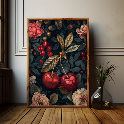 William Morris Style Pink Cherries Poster