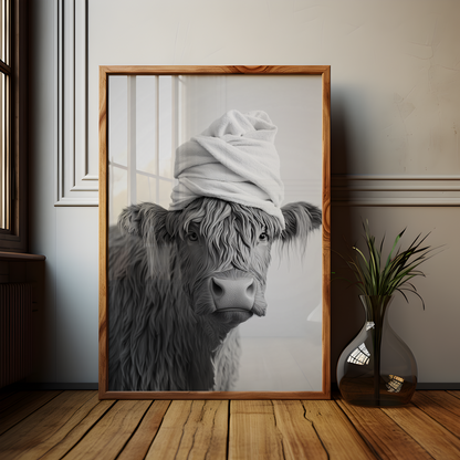 Monochromatic Highland Cow Bathroom Poster