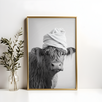 Monochromatic Highland Cow Bathroom Poster