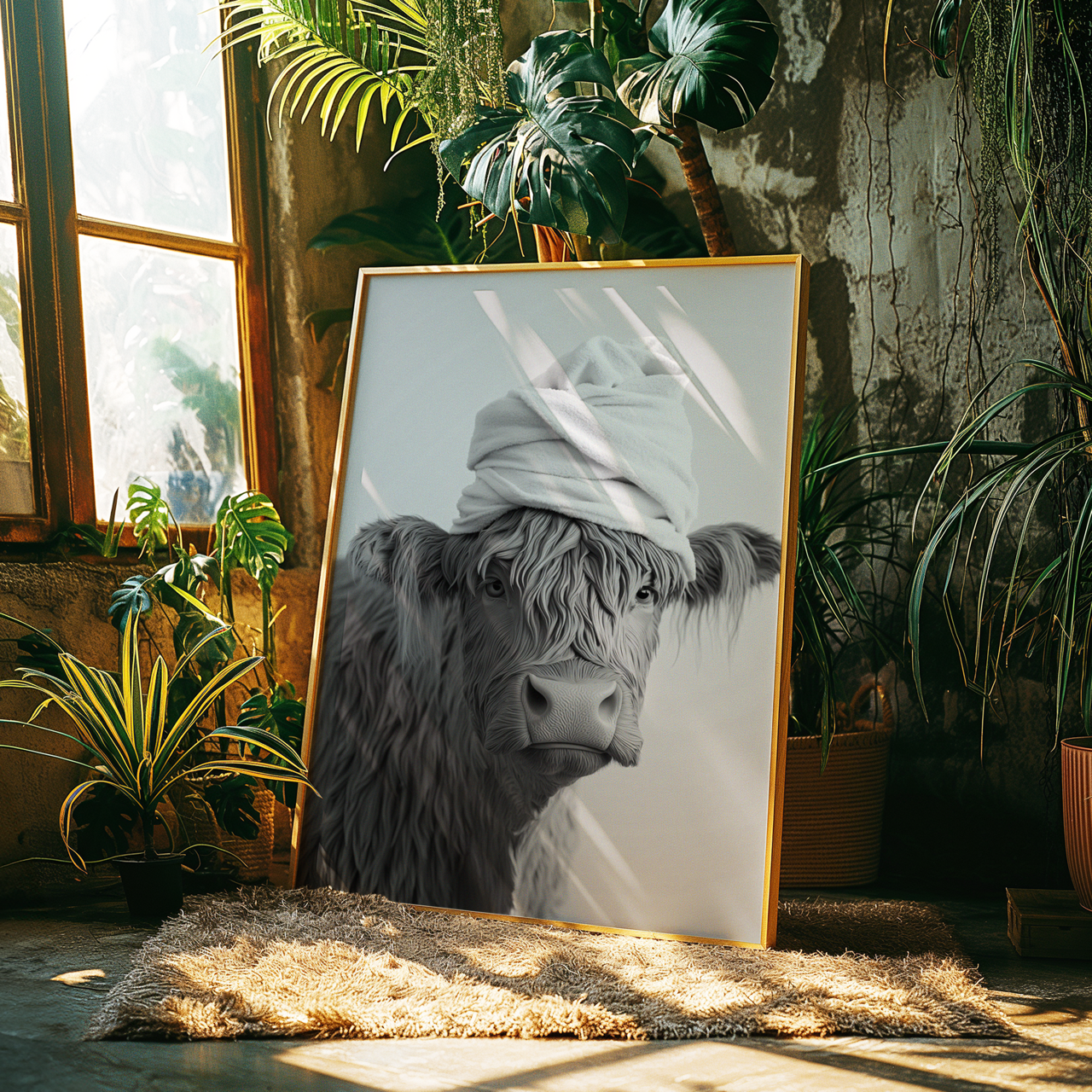 Monochromatic Highland Cow Bathroom Poster