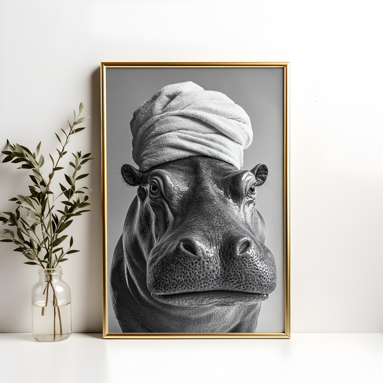 Monochromatic Hippo Bathroom Poster