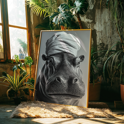 Monochromatic Hippo Bathroom Poster