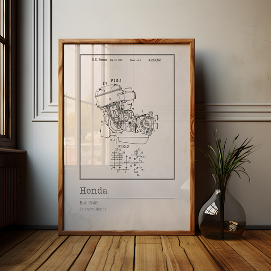 Honda Motorcycle Engine Blueprint Poster