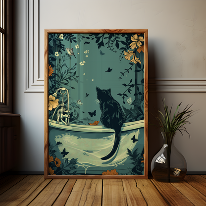 William Morris Style Cat Bathroom Poster