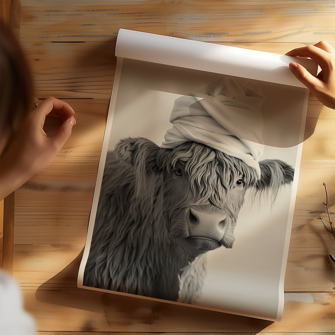 Monochromatic Highland Cow Bathroom Poster