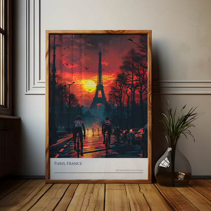 Paris Cycling Event Poster, Sunset Illustration style