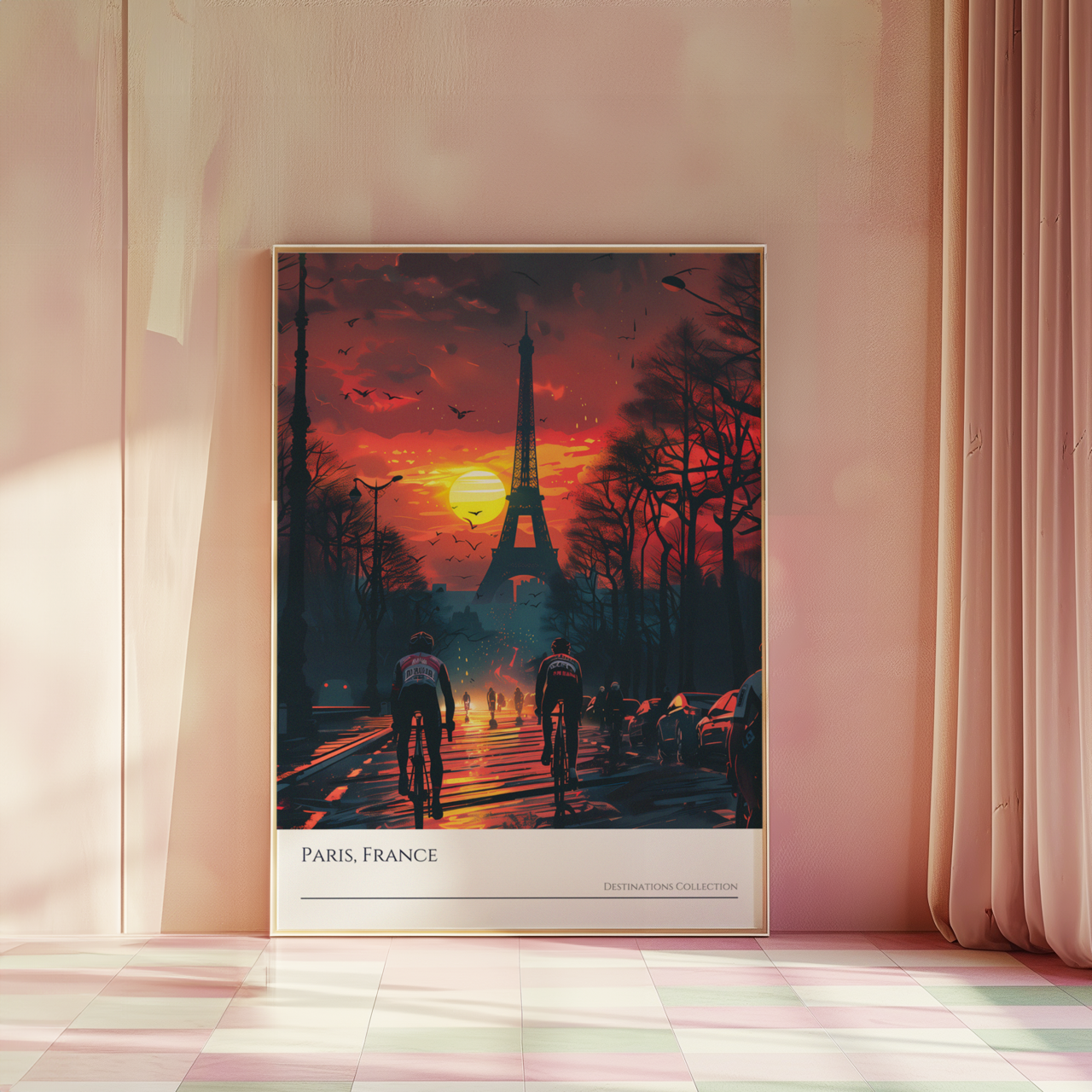 Paris Cycling Event Poster, Sunset Illustration style