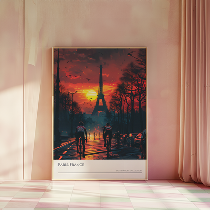 Paris Cycling Event Poster, Sunset Illustration style