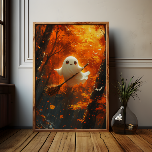 Cute Ghost on a broom Halloween Poster