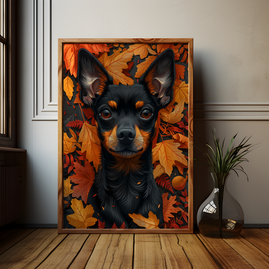 Mini Doberman Pinscher Autumn Leaves Poster