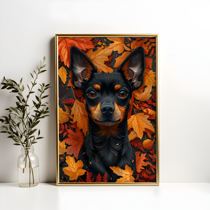 Mini Doberman Pinscher Autumn Leaves Poster