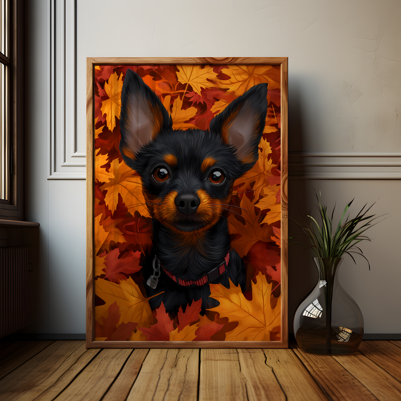 Mini Doberman Pinscher Autumn Leaves Poster