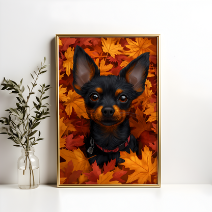 Mini Doberman Pinscher Autumn Leaves Poster