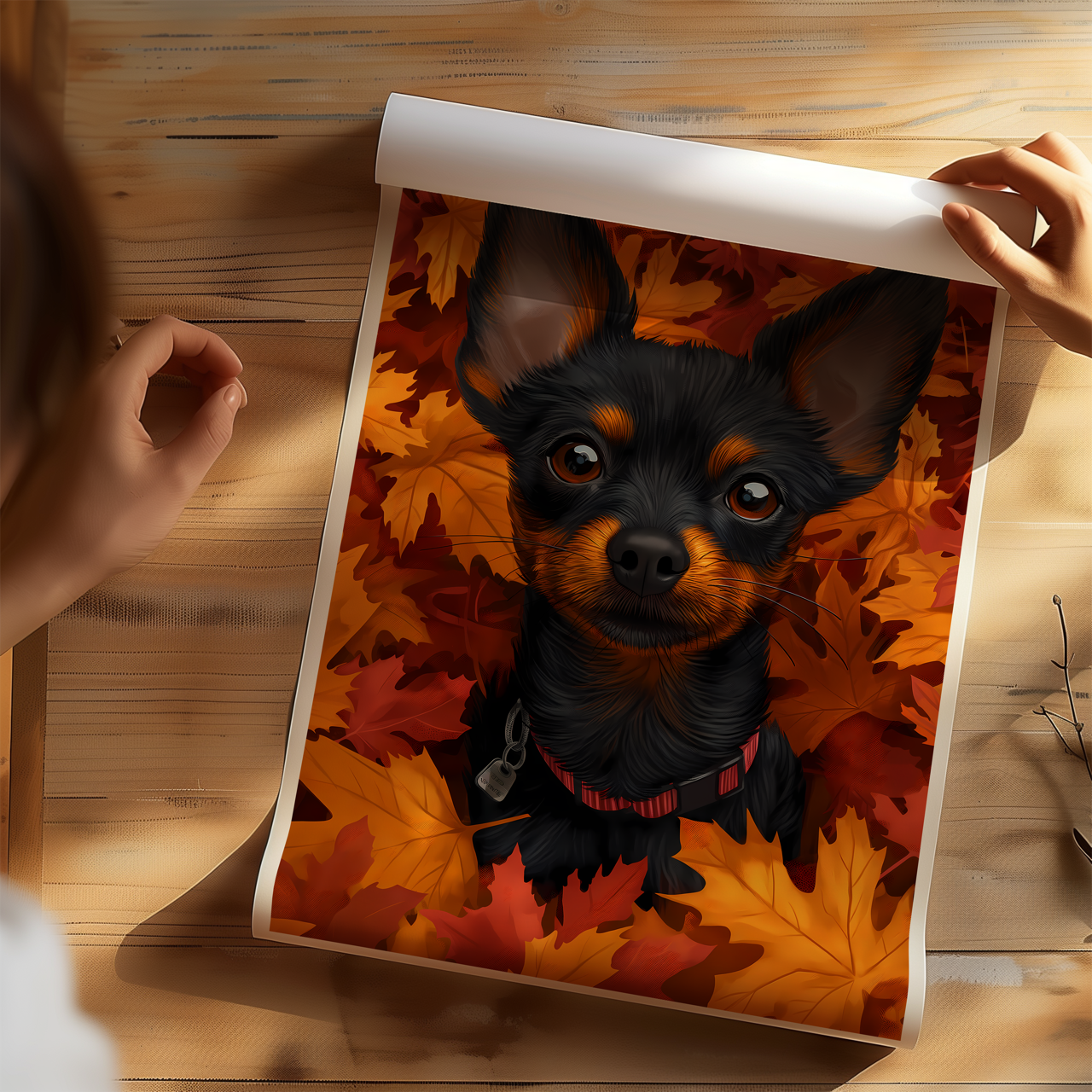 Mini Doberman Pinscher Autumn Leaves Poster