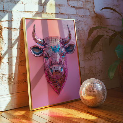 Disco Ball Bull Sculpture Artwork Poster