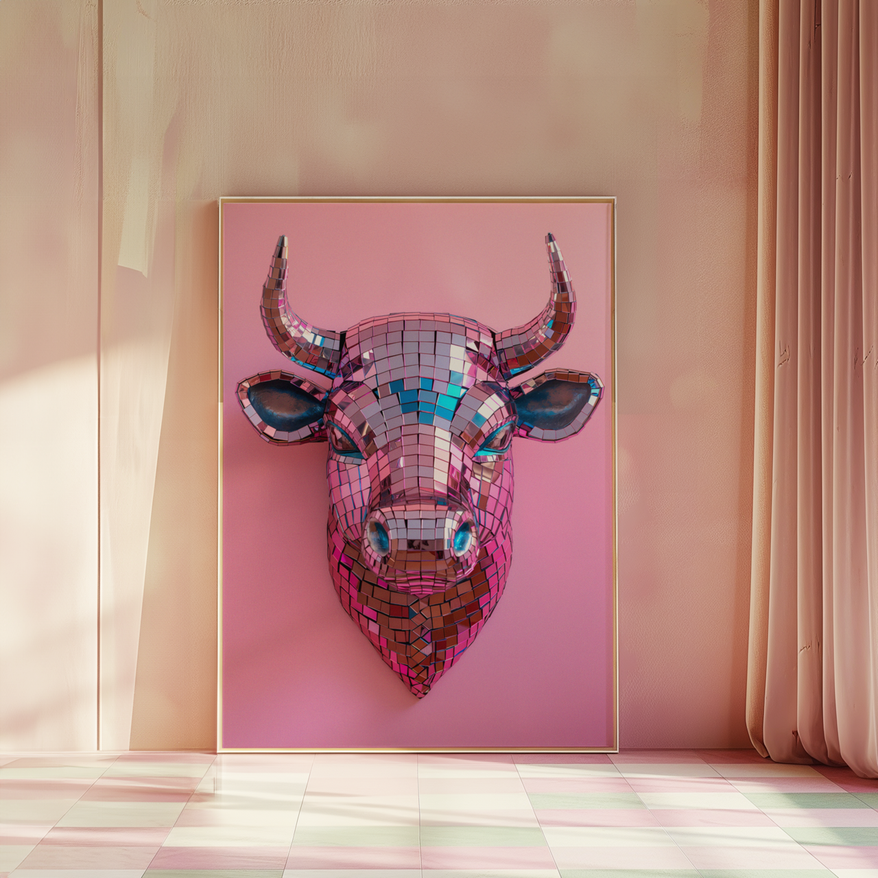 Disco Ball Bull Sculpture Artwork Poster