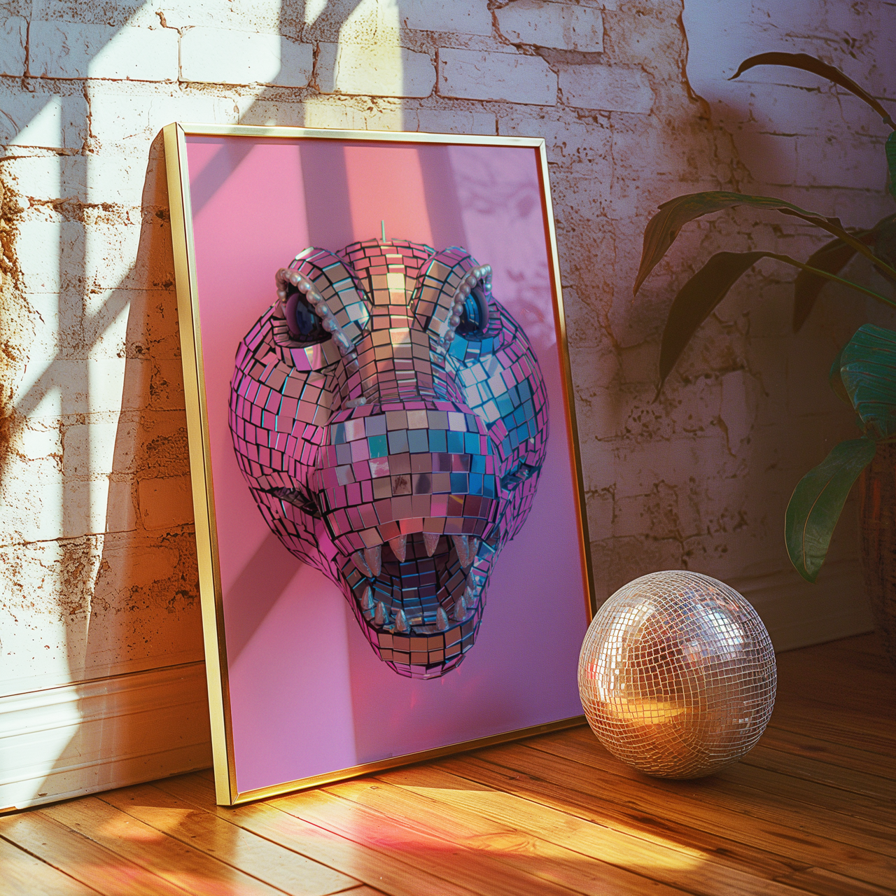 Disco Ball Crocodile Sculpture Artwork Poster