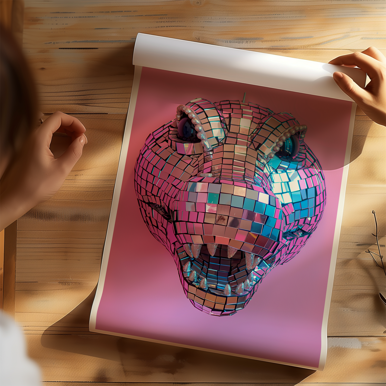 Disco Ball Crocodile Sculpture Artwork Poster