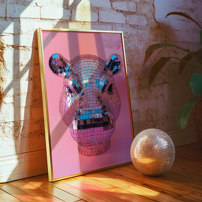 Disco Ball Hippo Sculpture Artwork Poster