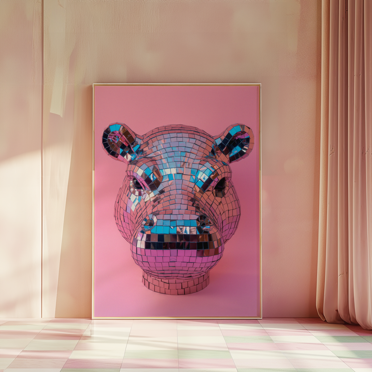 Disco Ball Hippo Sculpture Artwork Poster