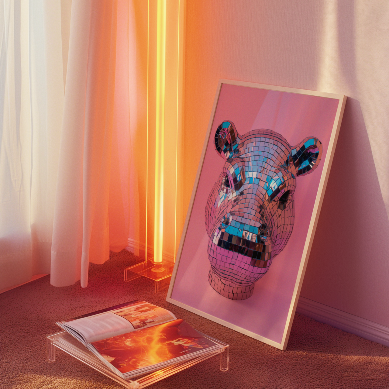 Disco Ball Hippo Sculpture Artwork Poster