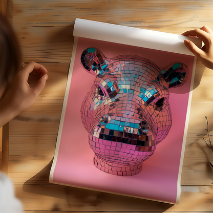 Disco Ball Hippo Sculpture Artwork Poster