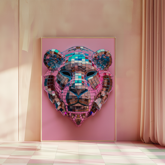 Disco Ball Lion Sculpture Artwork Poster