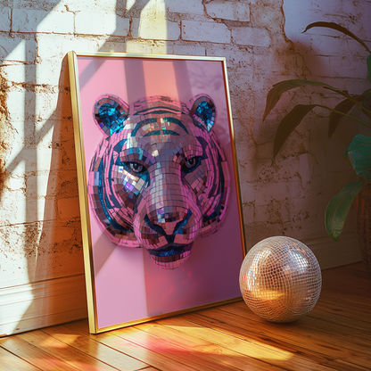 Disco Ball Tiger Sculpture Artwork Poster